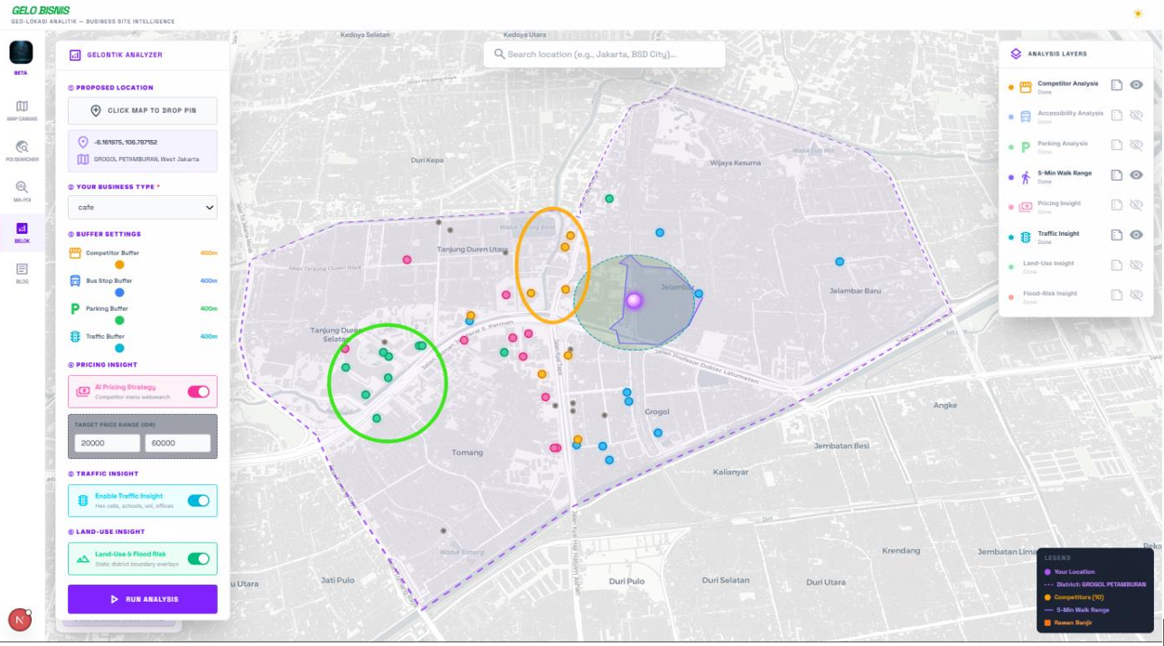 Land-use zoning visualization across Grogol yellow and orange zones indicate commercial and mixed-use areas, purple zones mark residential clusters, and other colors designate institutional, industrial, or green space zones. The proposed location sits firmly within a yellow-orange commercial band with dense residential zones directly adjacent.