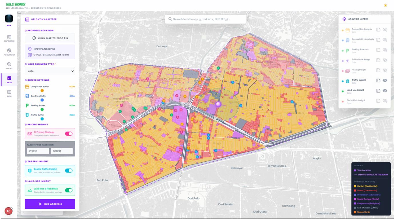 Zoomed-in land-use map showing the fine-grain zoning pattern immediately surrounding the proposed location confirming commercial classification at the site itself, with residential density visible within 200–300m in multiple directions.