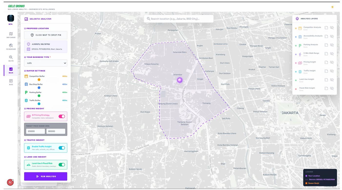 Location selection screen showing the map-search autocomplete in action for 'Grogol', with dropdown results and the resulting kecamatan boundary polygon rendered on the map.
