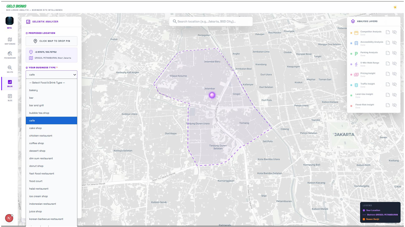 Business type dropdown expanded, showing the full list of FnB categories available for analysis from café and coffee shop to Korean BBQ, dessert shop, and more. The selected location boundary remains visible on the map.