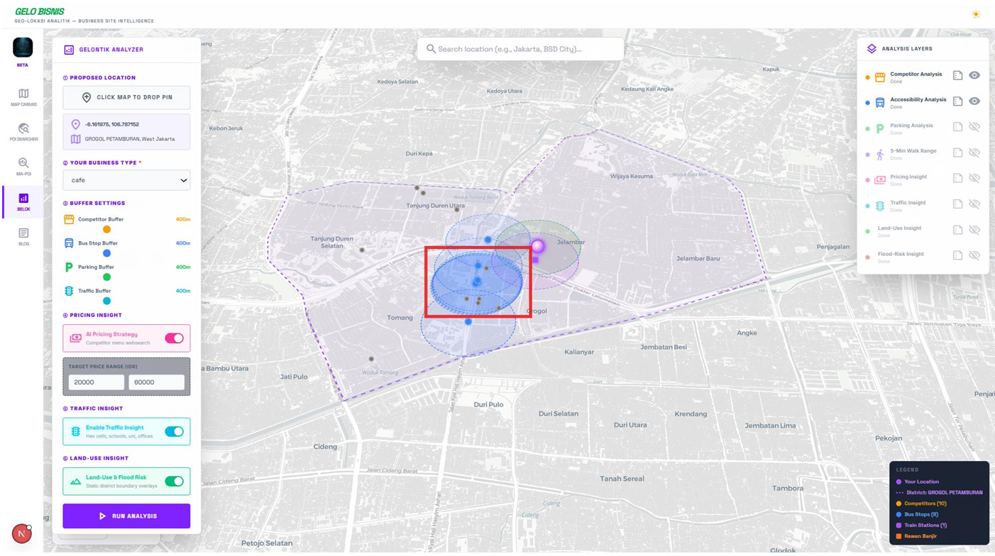 5-minute walking radius layer activated (denoted by a red circle around the proposed location), showing the walkable catchment between Grogol Station and the nearby bus stop the proposed site falls within comfortable walking distance of both transport nodes.
